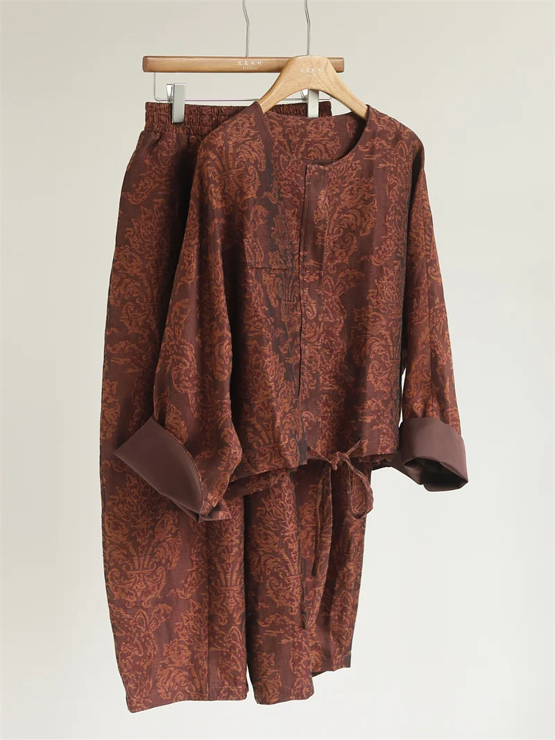 

Ретро-комплект из китайского хлопка и льна с вышивкой: женские брюки-фонарики на завязках, с высокой талией, модный ансамбль