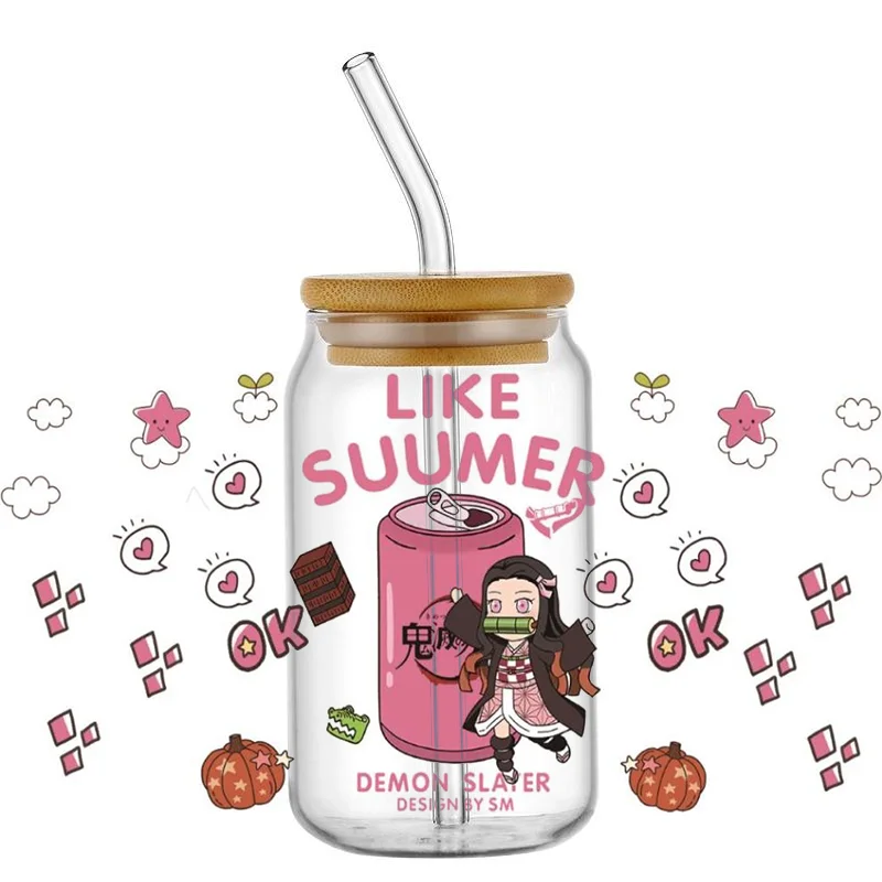 cartoon Demon Slayer 16OZ UV DTF Cup Wrap Transfer Stickers Custom Labels christmas DIY Waterproof Logo For Libbey Glass Can