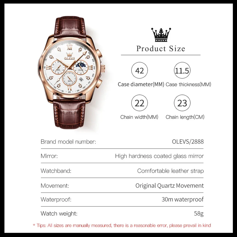 OLEVS Brand Men's Quartz Watch Luxury Stainless Steel Waterproof Male Wristwatch Luminous Moon Phase Chronograph Watches for Men