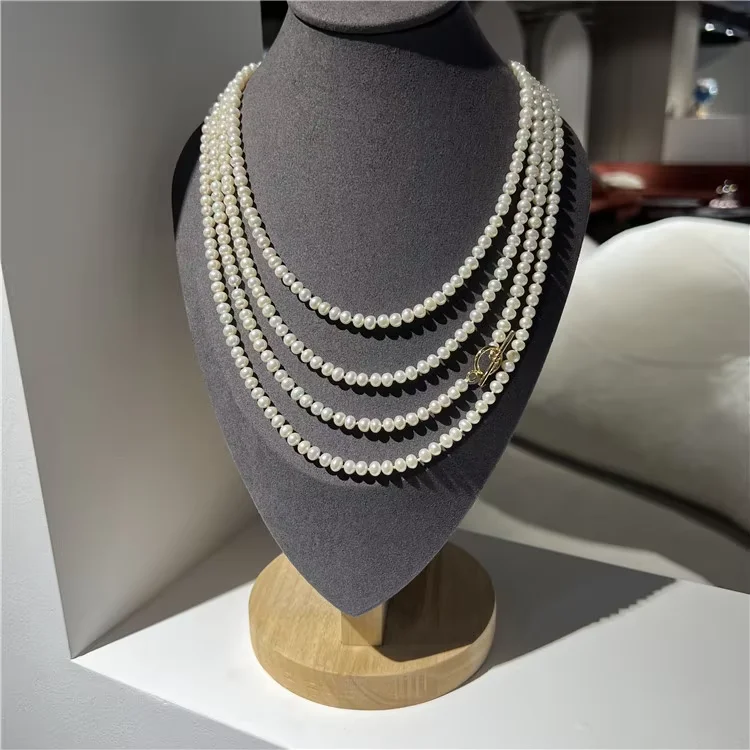 

75'' 4 Strands 6-7mm Natural Fresh Water White Pearl Long Necklace For Women