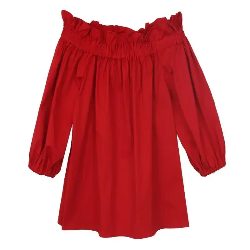 

Off Shoulder Tops 2024 Summer Fashion Casual Slash Neck White Black Red Lantern Sleeve Loose Ruffle Blouses Women