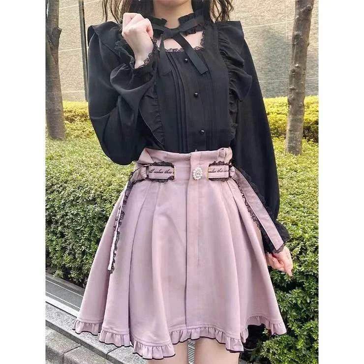 Japanese Rojita Style Sweet Lolita Pink Blouse Shirt Camisas Spring Autumn Women\'s Puff Long Sleeve Bow Blouse Top Mujer