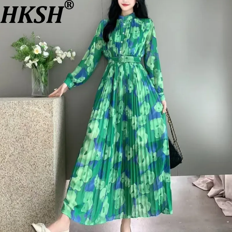 HKSH Primavera Autunno Nuove donne vestono fiore stampato colletto alla coreana maniche lunghe pieghe con cintura abiti eleganti casual francesi HK17034