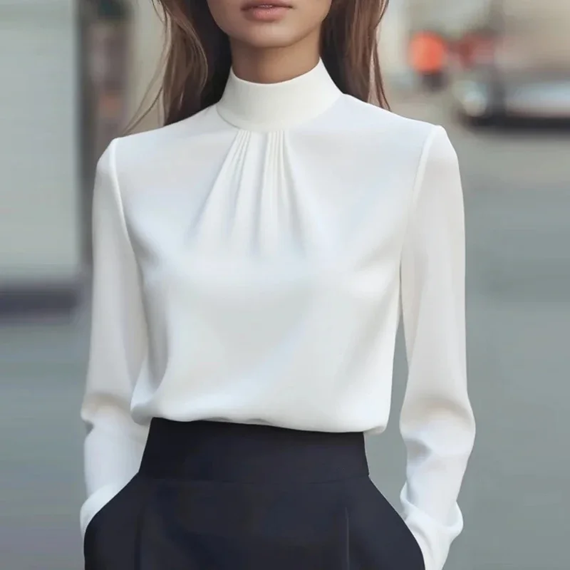 

New Fashion Commuting Women Blouses Shirts Female Long Sleeve Satin Shirts For Women Spring Autumn Lady Office Tops White