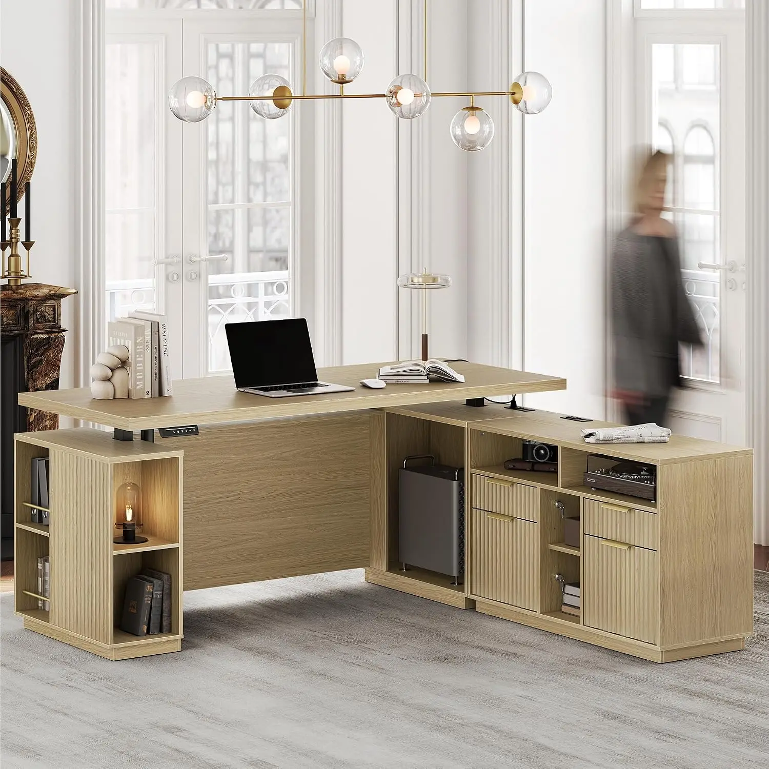 L Shaped Electric Standing Desk With File Cabinet, 70 Inch Height Adjustable Desk With AC/USB & Privacy Panel, Customized