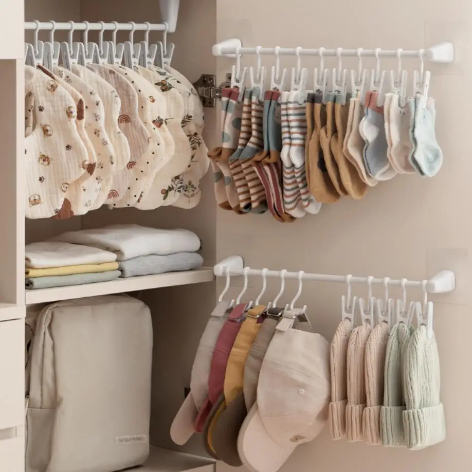 Wall-Mounted Hat and Sock Storage Rack with Hanging Pole, Non-Perforated Design, and Clip Hooks for Wardrobe Organization