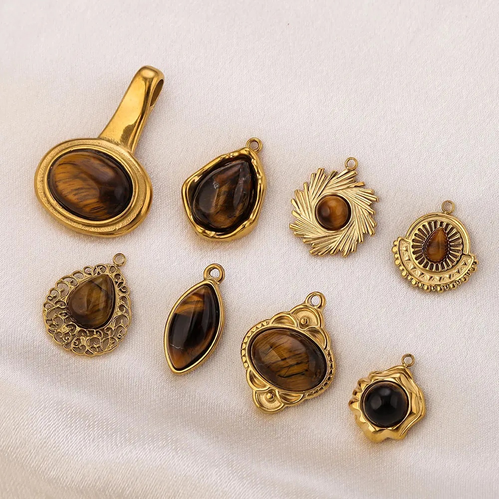 2/3/4/5pcs Stainless Steel Charm Inlay Tiger's Eye Stone Round Cross for DIY Necklace Earrings Bracelet Jewelry Making Wholesale view 6