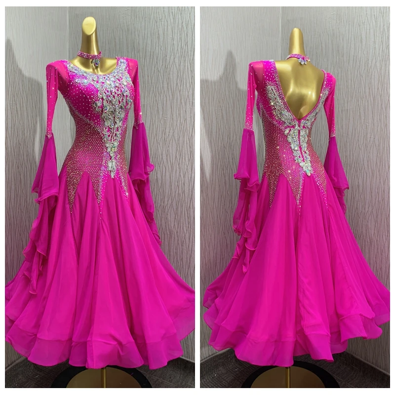 

ballroom dance dress Standard Dance Dress Costume ballroom dance competition dresses custom-made Long Sleeve pink