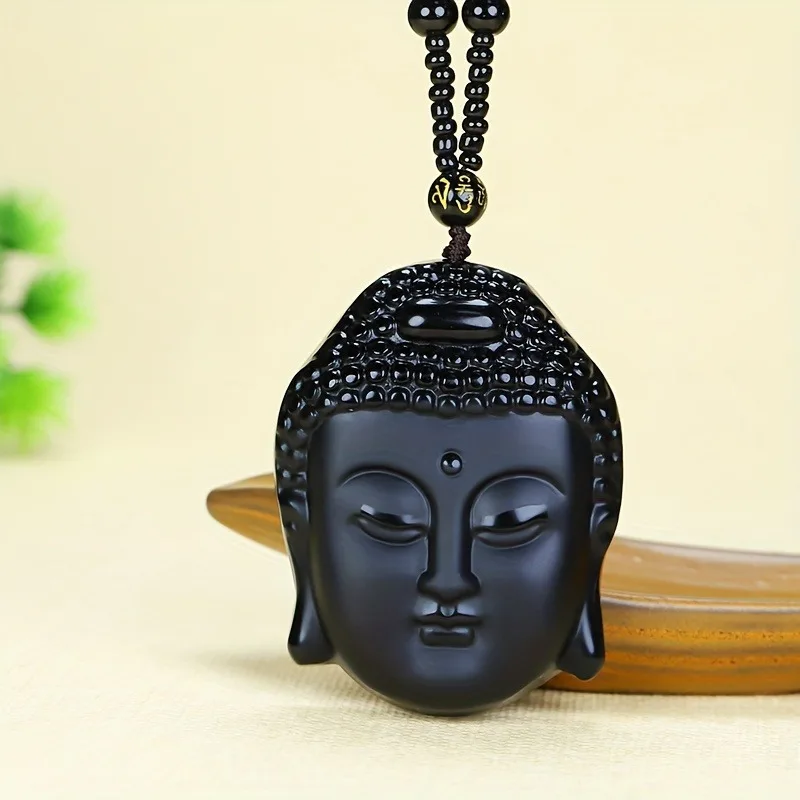 Natural Crystal Obsidian Pendant, Buddha Head Pendant, Buddha Enlightenment Engraved Natural Obsidian Pendant