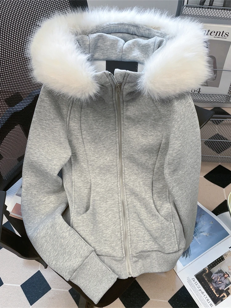 

Американская женская толстовка-куртка на флисовой подкладке с утягивающим поясом, на молнии, с воротником из искусственного меха премиум-класса