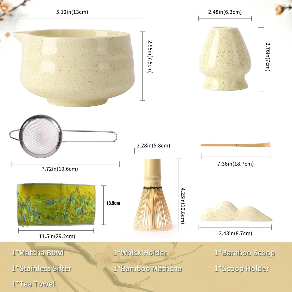 7-teiliges gelbes Matcha-Werkzeugset, traditioneller Bambusbesen, Keramik-Matcha-Schale, Edelstahlsieb, Löffel, Ständer, Handtuch, komplettes Tee-Zubereitungsset, Küchenzubehör für Zuhause, Geschenk
