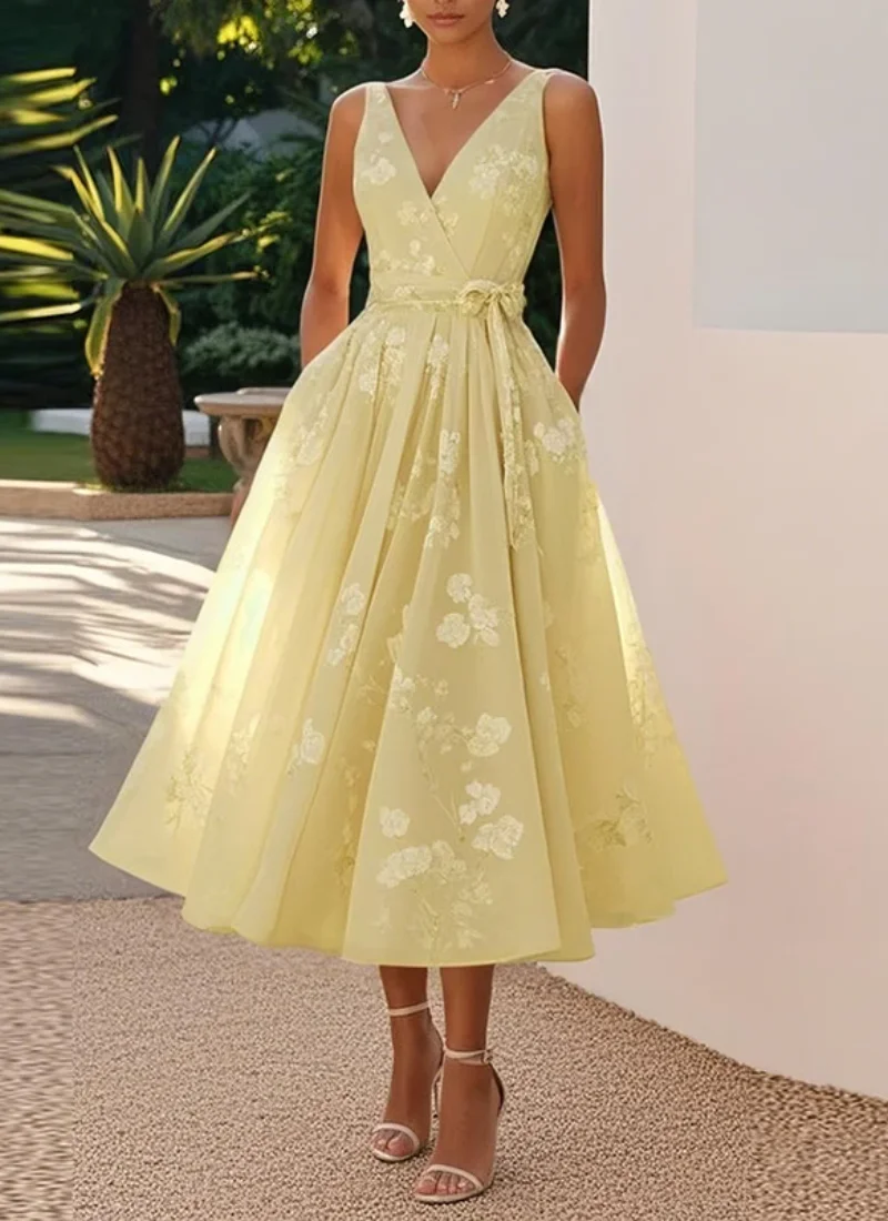 

Customized Classic Organza Applique Bow Criss-Cross Pleat A-line Off-the-shoulder Midi Dresses Bespoke Occasion Dresses Elegant