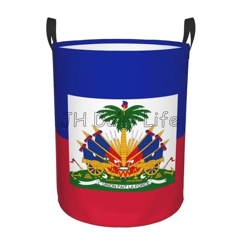 Haitian Flag Round Laundry Basket Foldable Oxford Laundry Hamper with Handle Waterproof Storage Basket Toys Clothes Organizer