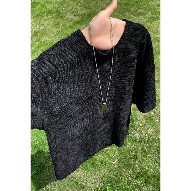 Mens Oversized Crew Neck Short Sleeve Top Honeycomb Waffle Weave Curved Hem For Casual Commute Leisure Daily Wear