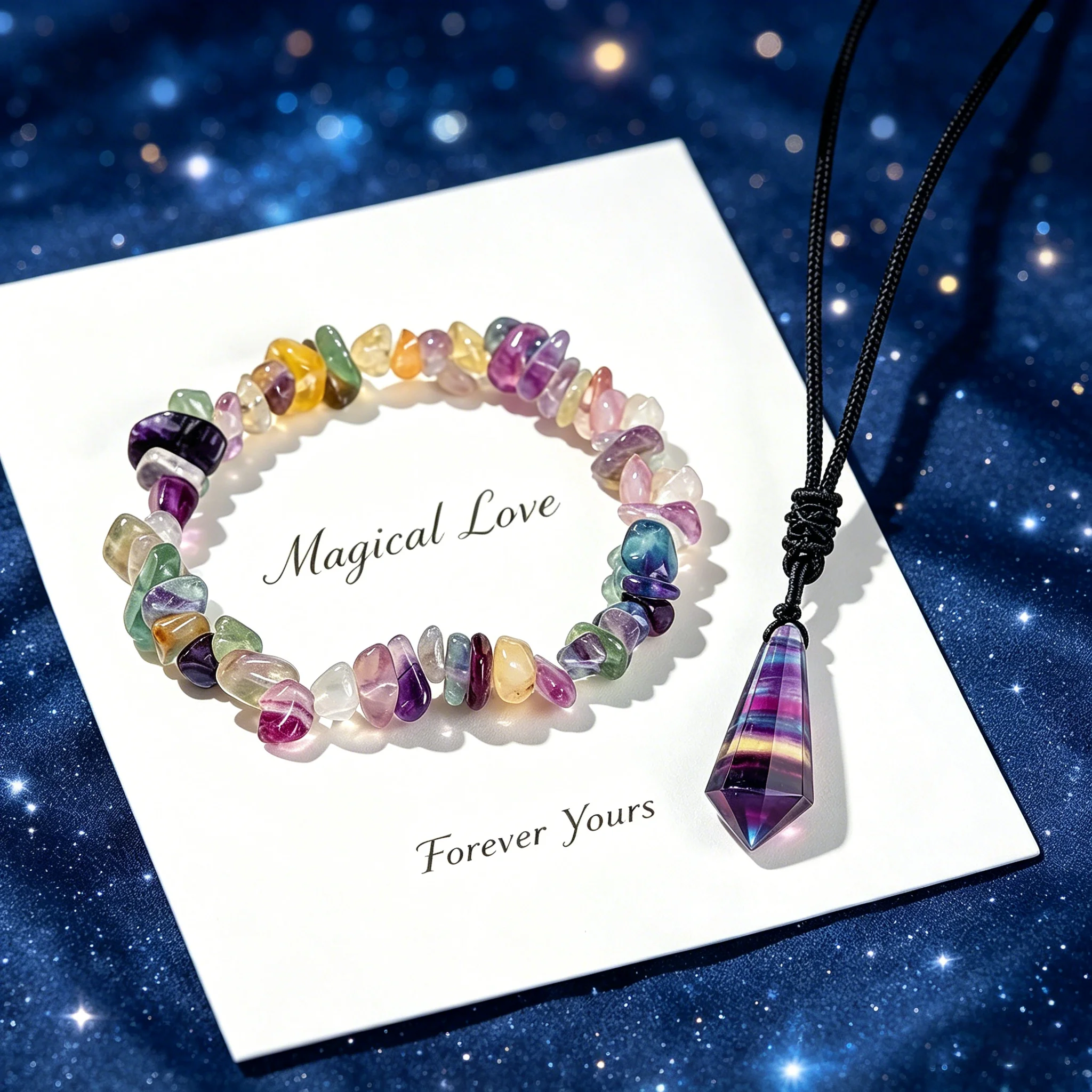 Natural Rainbow Fluorite Pendulum Necklace Irregular Chip Beads Bracelet Set Chakra Healing Crystal Divination Spiritual Gift