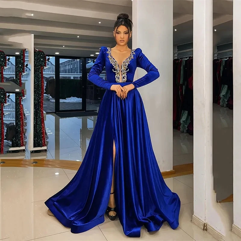 

Custom Royal Blue Long Sleeve Evening Dresses A Line Caftan Saudi Arabic Party Gowns Side Split Birthday Engagement Dresses 2024