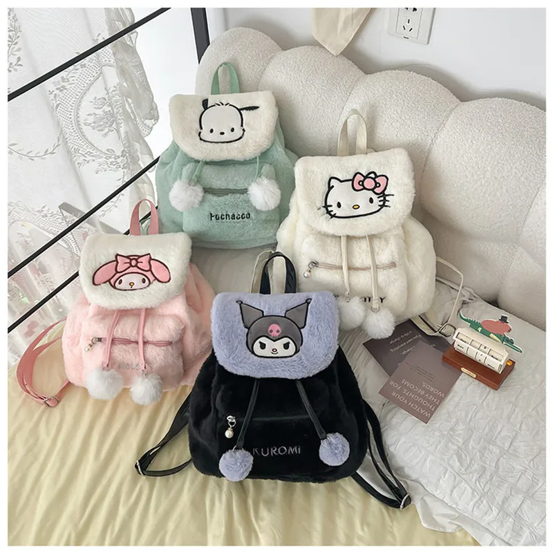 

Hot In-Stock Kawaii Hello Kitty, Melody And Kuromi Cartoon Plush Backpack Versatile And Large Capacity To Girls Winter Gifts