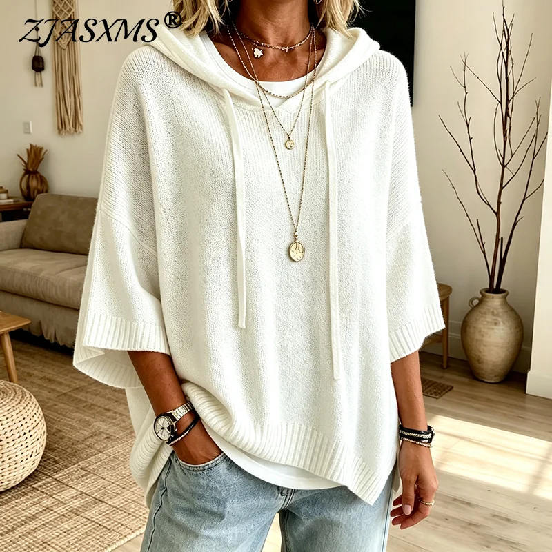 Fashion Women's Oversized Drawstring Hooded Sweater Autumn Batwing Sleeve Pullover Soft Solid Color Loose Casual Daily Knit Tops