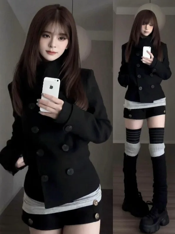 

Hebe Sle Faionable Bla Шерстяное пальто Корейская версия Маленький размер Русская зимняя верхняя одежда Длинный све Высокий воротник на пуговицах...