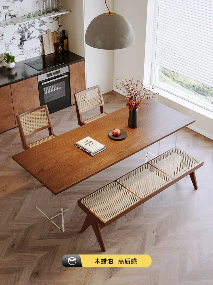 Combinación de mesa y silla de comedor de madera maciza de estilo japonés, mesa de comedor antigua, suspensión acrílica rectangular