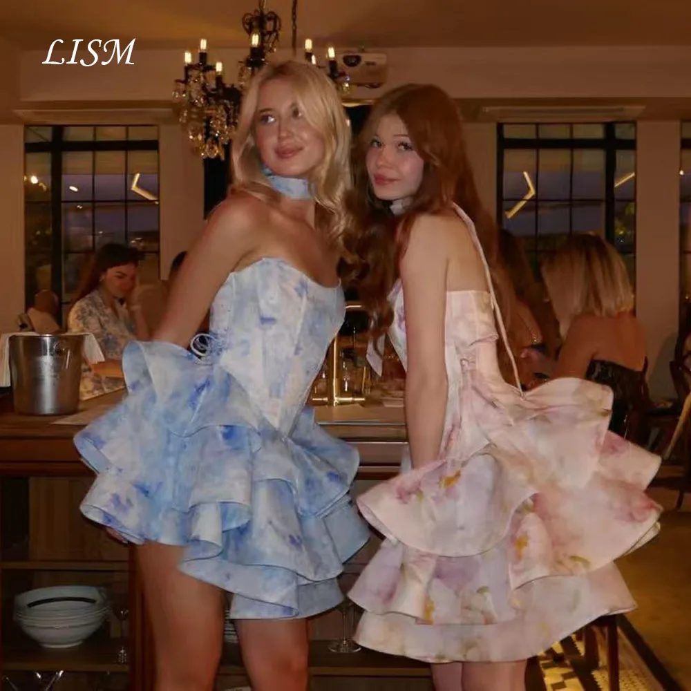 

LISM Sweet Tiered A-Line Appliques Mini Evening Dresses Short Prom Dresses Customized Special Occasion robe de soirée For Party