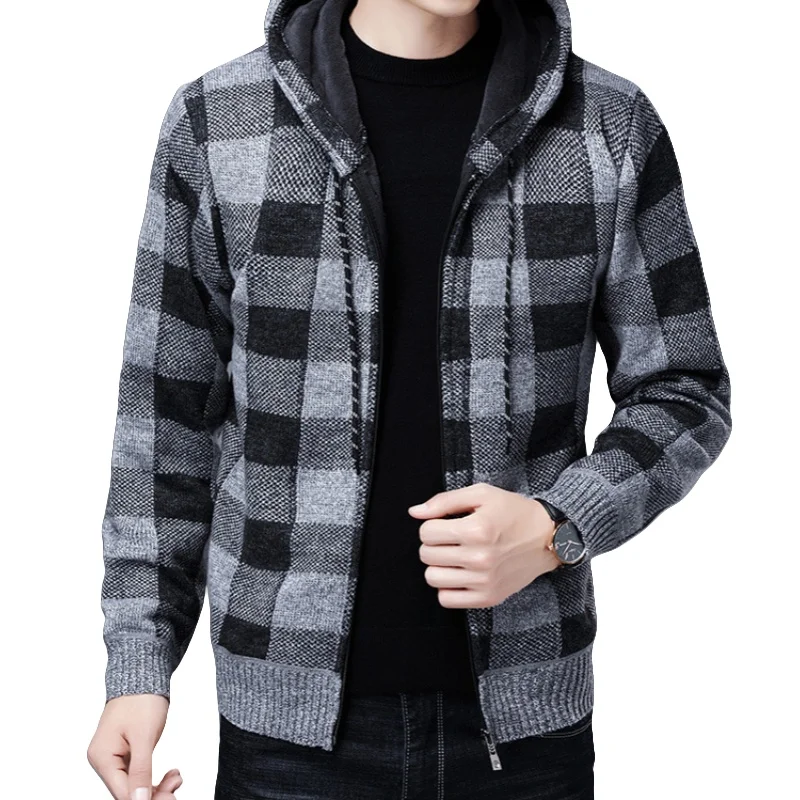 Winter Men's Hooded Fleece Thickened Checkered Long Sleeve Sweater Fashion Casual Slim Fit Warm Cardigan Knitted Sweater Jacket