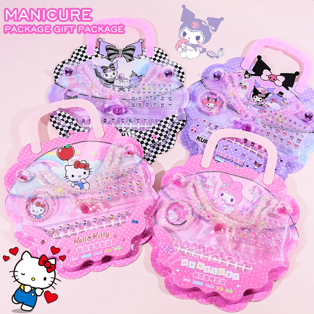 1Pack Sanrio Children's Nail Patch Hello Kitty/Kulomi Girls Princess Dress Up Nail Stickers Necklace Bracelet Rings Gift Toy Set