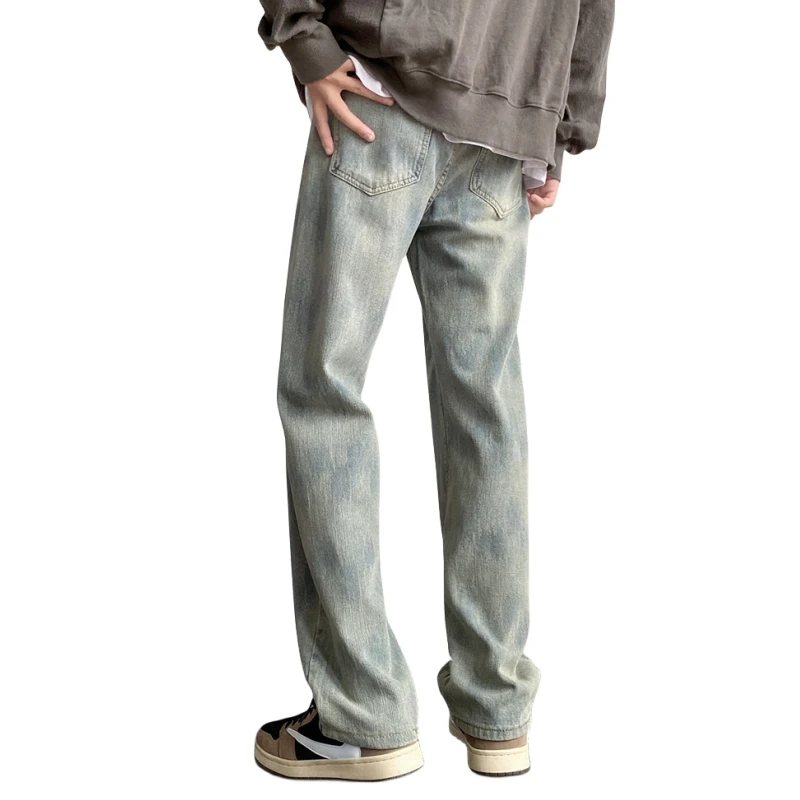 Trendy Vintage Wave Print Tie-dyeing Water-washed Blue Distressed Straight Leg Jeans for Men, American High Street Style