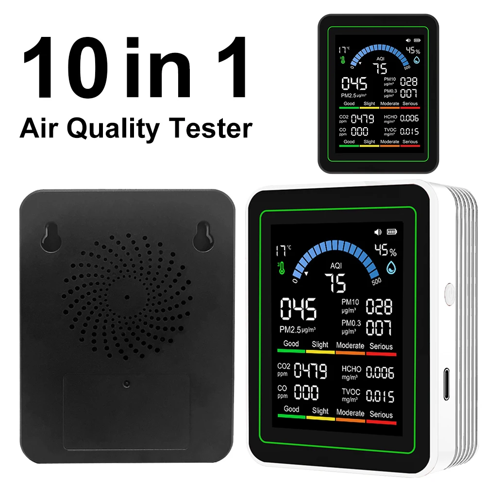 10-in-1 Air Quality Monitor Real-Time HCHO Detector with Display Temperature Humidity Detector for Home Cars Plants