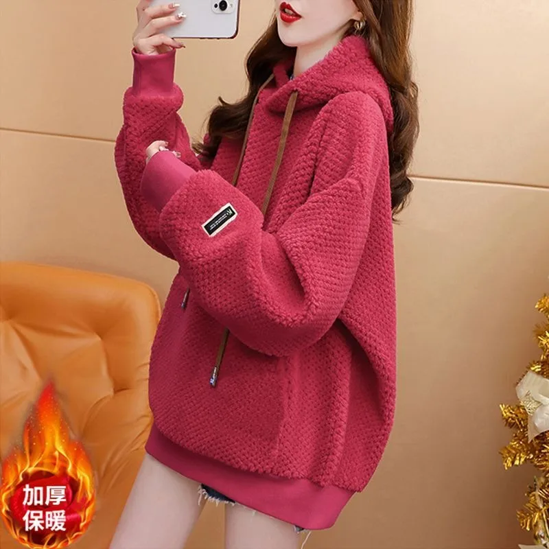 

Толстовка с капюшоном для женщин осень-зима, бархатный утепленный корейский вариант, модный и универсальный топ с длинными рукавами