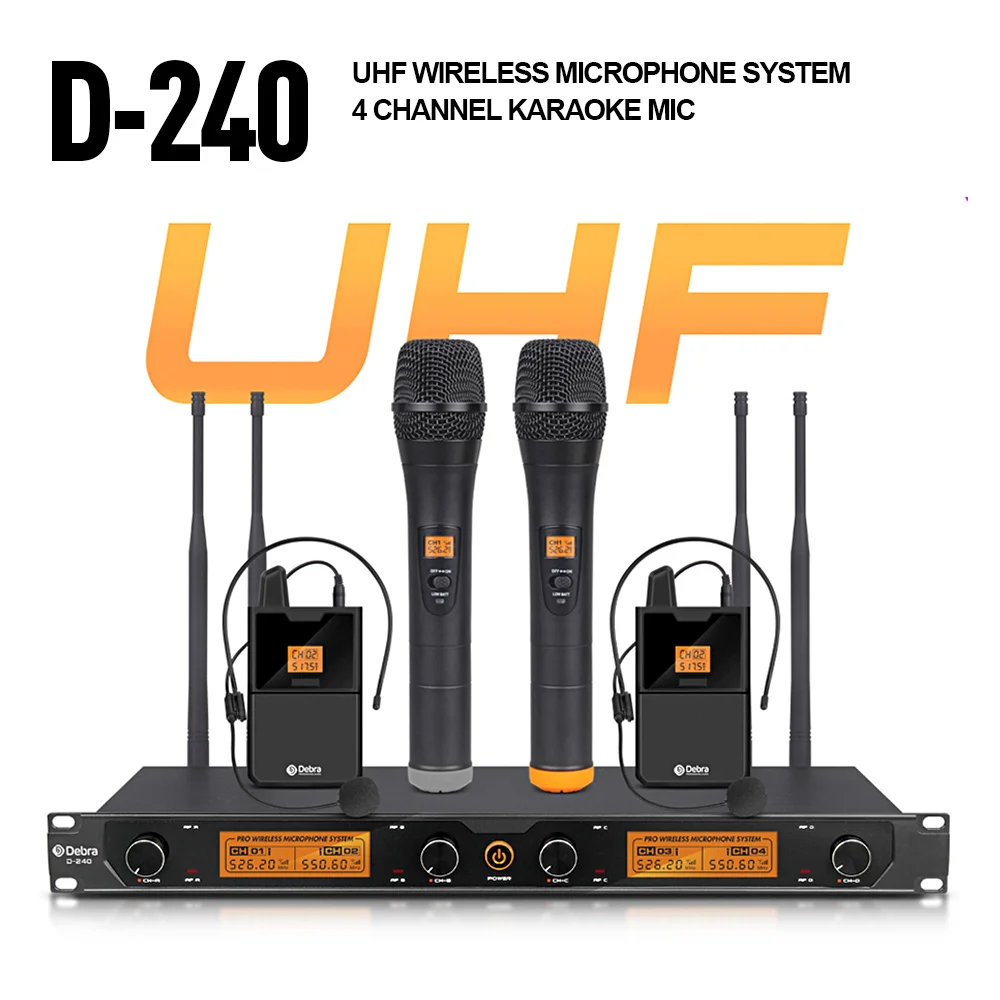 

Audio D-240 4-channel UHF wireless microphone system with handheld headset lavalier microphone for conference presentations