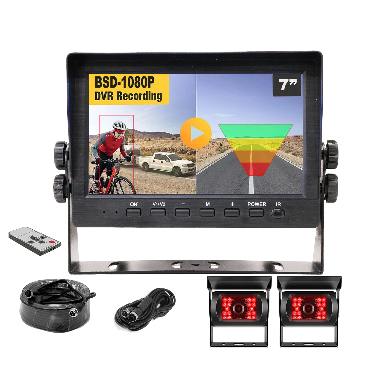 2ch BSD Ai Detection 1080P Dual Rear View Reversing Backup Camera 7'' Backup Split Screen Monitor Kit System Back Parking For Truck RV