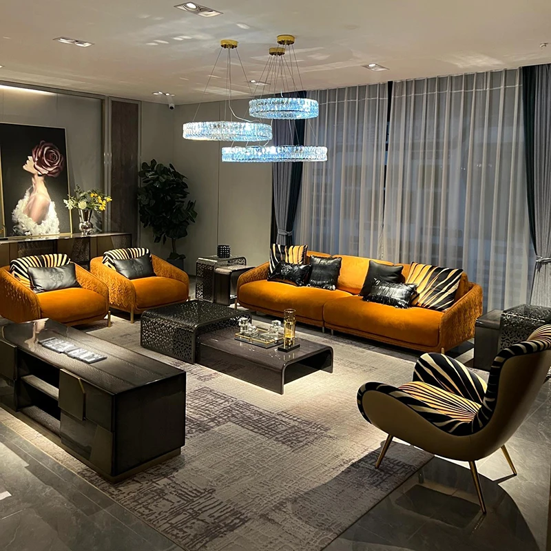 

High-end living room sofa, orange fabric luxury modern combination sofa set furniture