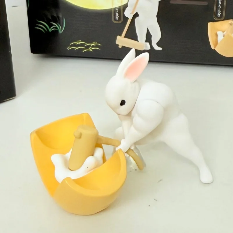 Coelho fazendo bolo de arroz caixa cega muscular coelho figura brinquedo ornamento surpresa caixa mistério presentes