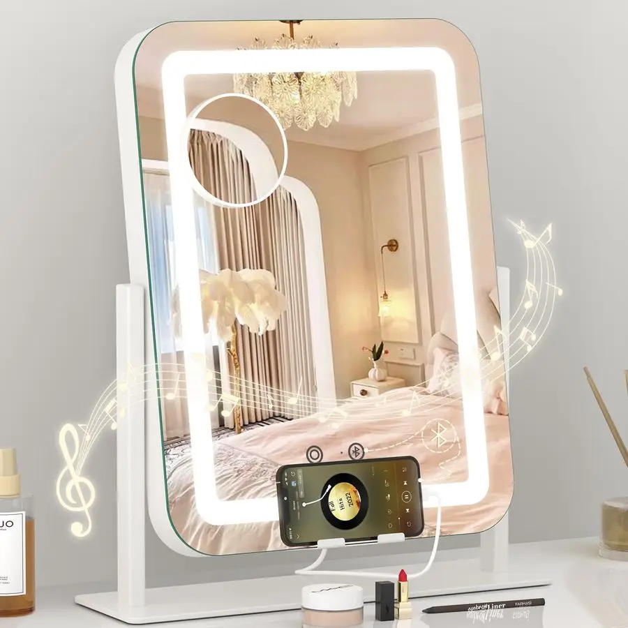 

LED Lighted Makeup Mirror with 12V 2A USB Charging Port Bluetooth Speaker 3 Colors Dimmable 15x12 Vanity Mirror with Lights Touc