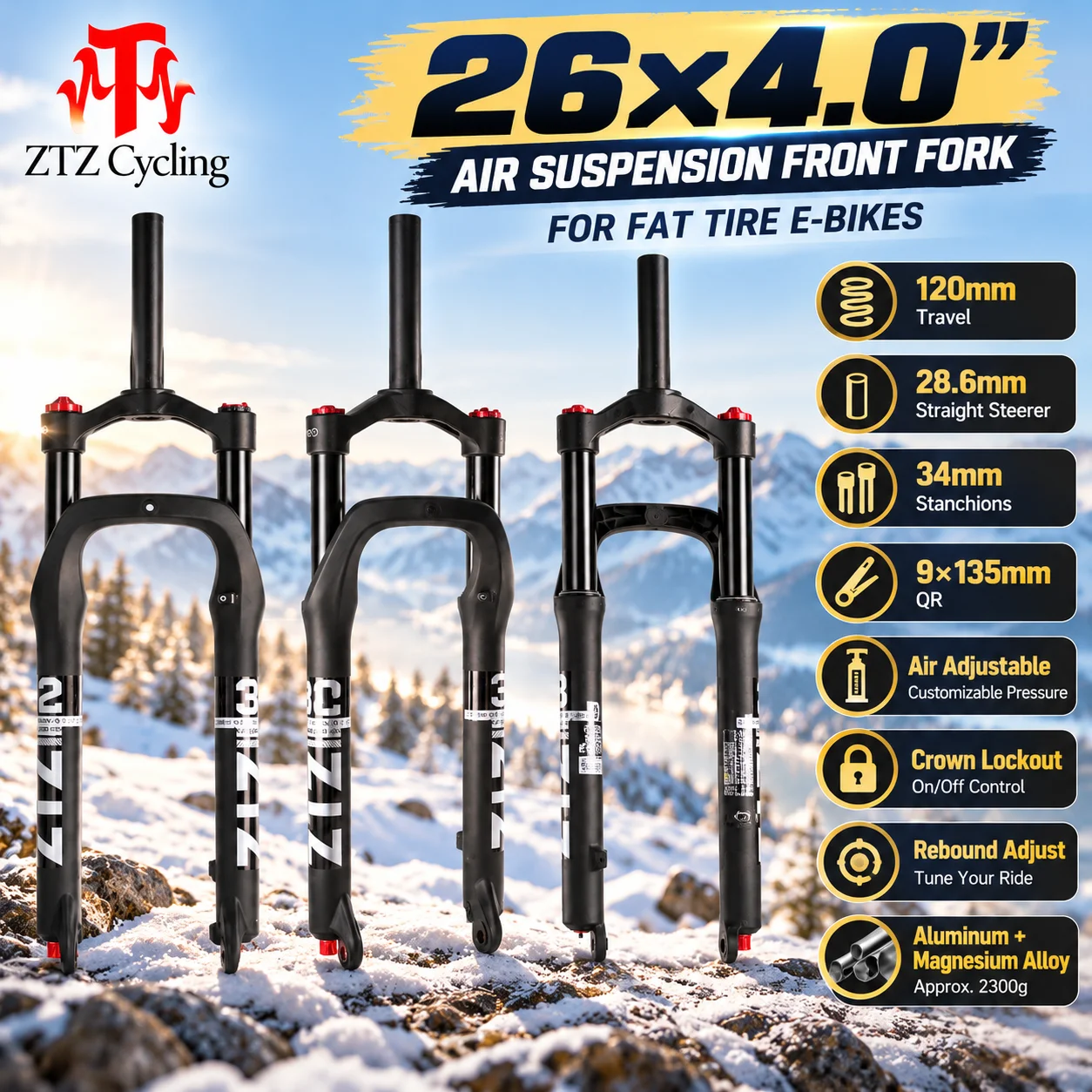 26x4.0 Inch Fat Tire eBike Air Suspension Fork, 120mm Travel MTB Front Fork with Crown Lockout, 34mm Stanchions, 28.6mm Straight Steerer, QR 9x135mm Dropout, 74mm Disc Brake Mount for Electric Mountain, Snow and Beach Bikes