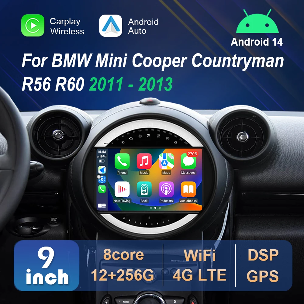 Android 14 System for BMW Mini Cooper Countryman R56 R60 2011 - 2013 Car Video Multimedia Player GPS 4G WiFi Carplay DSP Stereo