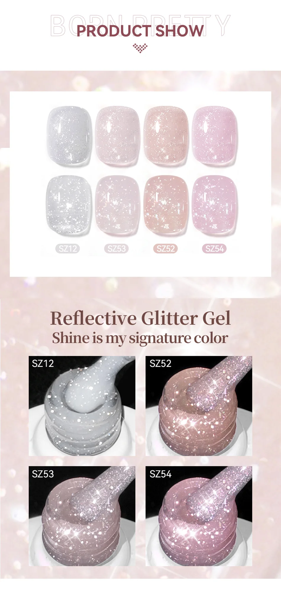 BORN PRETTY 10ml Nude Pink Flash Glitter Gel Nagellack UV LED Soak-Off Langanhaltender Funkelnder Nagelkunst-Lack für DIY-Maniküre zu Hause – Detail 2