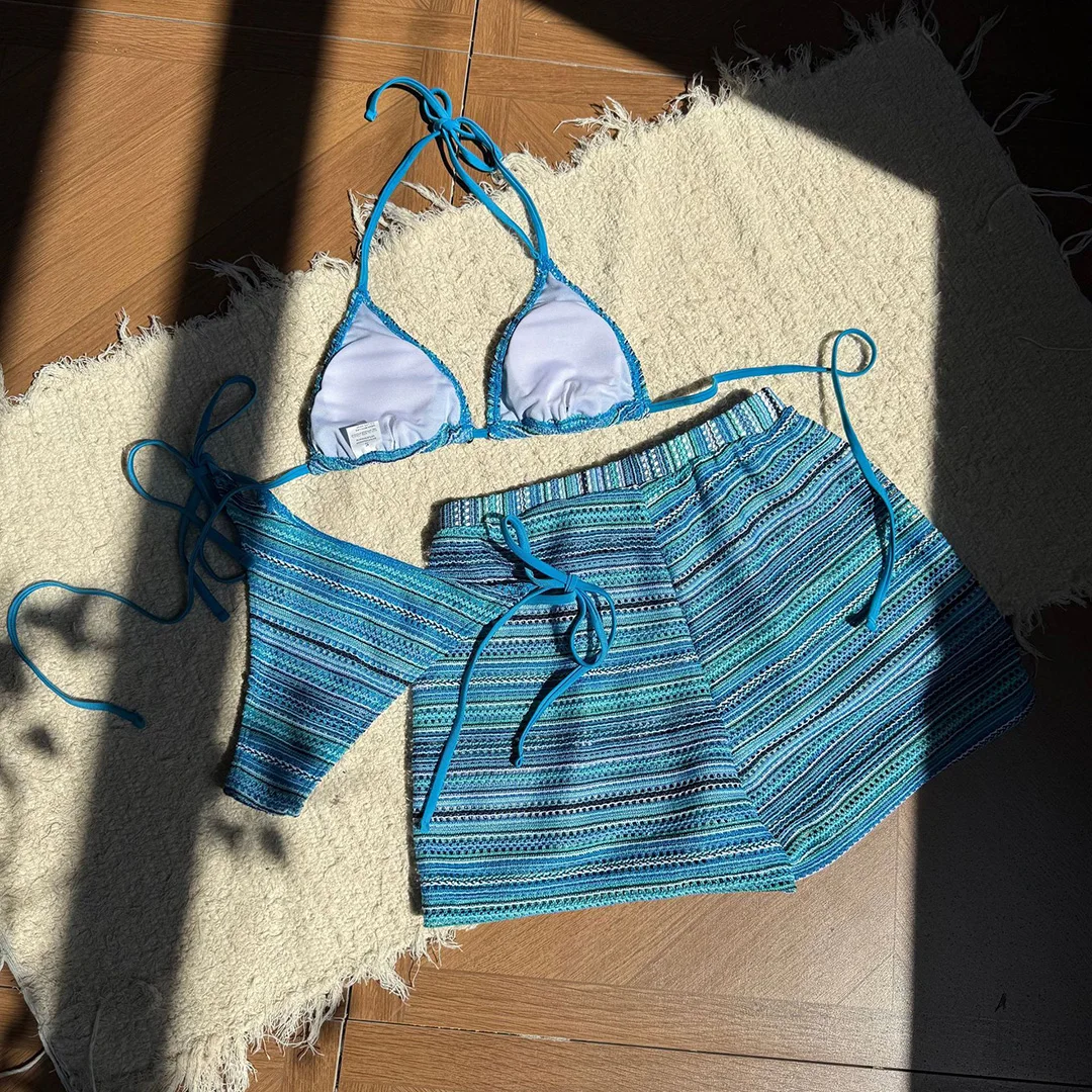 Neuer, aufreizender, gestreifter Bikini mit Neckholder-Ausschnitt, Damen-Badeanzug, dreiteiliges Bikini-Set mit Shorts, Damen-Badebekleidung, Badeanzug, Badebekleidung, Modell V6326. – Detail 13