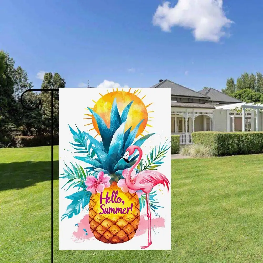 Gkyygk Flamingo Pineapple Hello Summer Welcome Garden Flag 12x18 Inch Banners Vertical Double Sided Small Yard Flag Burlap F LLE