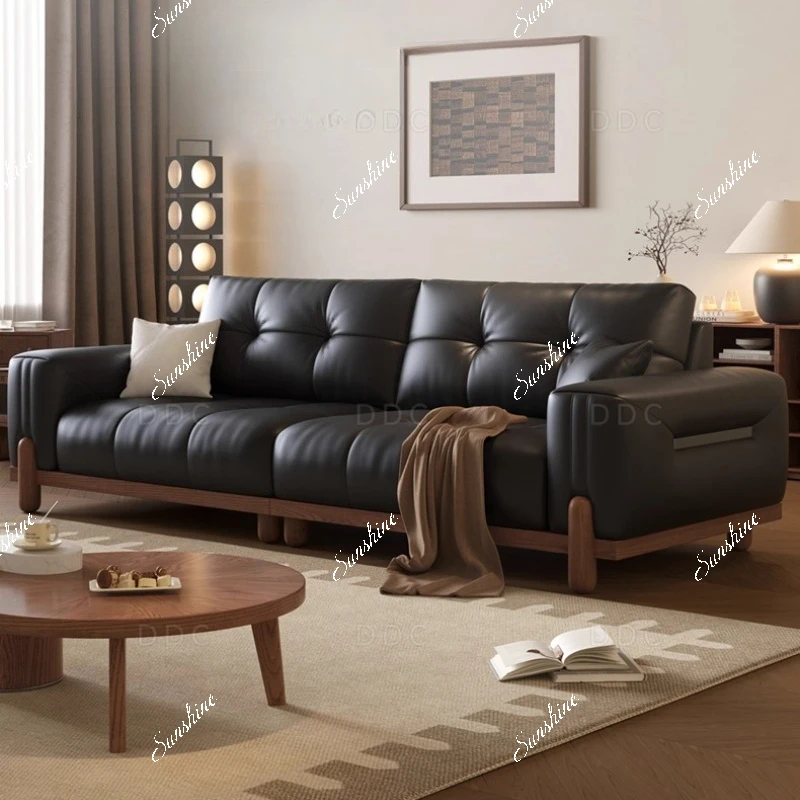

Solid wood black living room retro inline leather sofa high-end small apartment