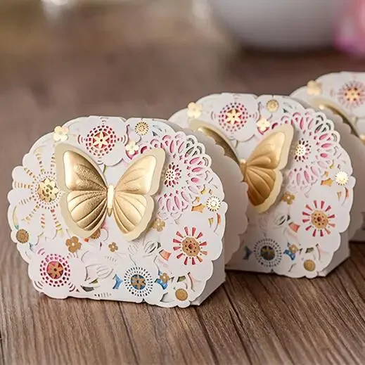 Laser Cut Butterfly Favor Boxes Gold Wedding Candy Box  Boite A Dragee Bapteme Caixa Corte A Laser Casamento Caixa De Doces