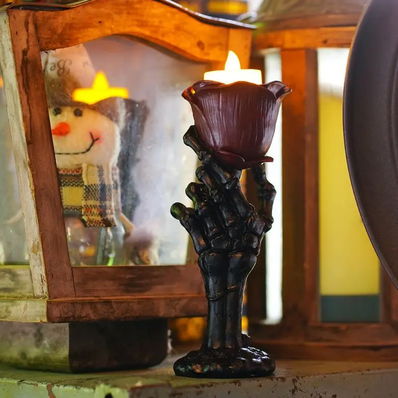 Halloween Skeleton Hand Rose Candlestick Decoration A Resin Home Retro Romantic Candlestick Atmosphere Decoration