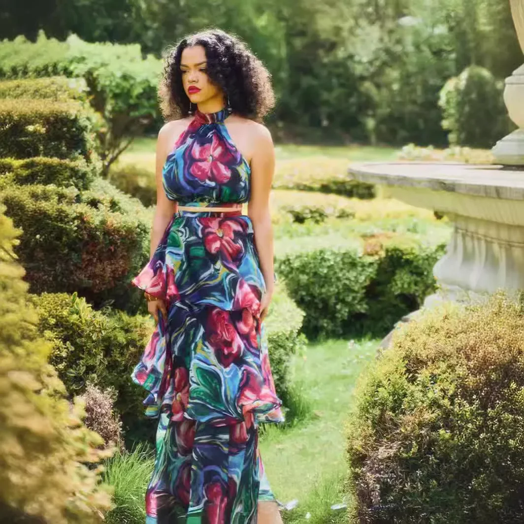 여성용 레인보우 프린트 민소매 허리 버블 케이크 원피스, 정장 롱 루즈 맥시, 여름 패션 의류