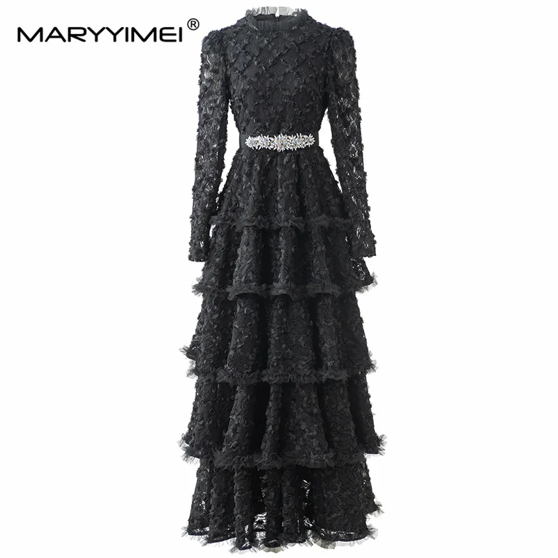 MARYYIMEI Stitched beaded flower elegant Ceremonial dress round neck long sleeve waist long dress 2026 autumn women's new style