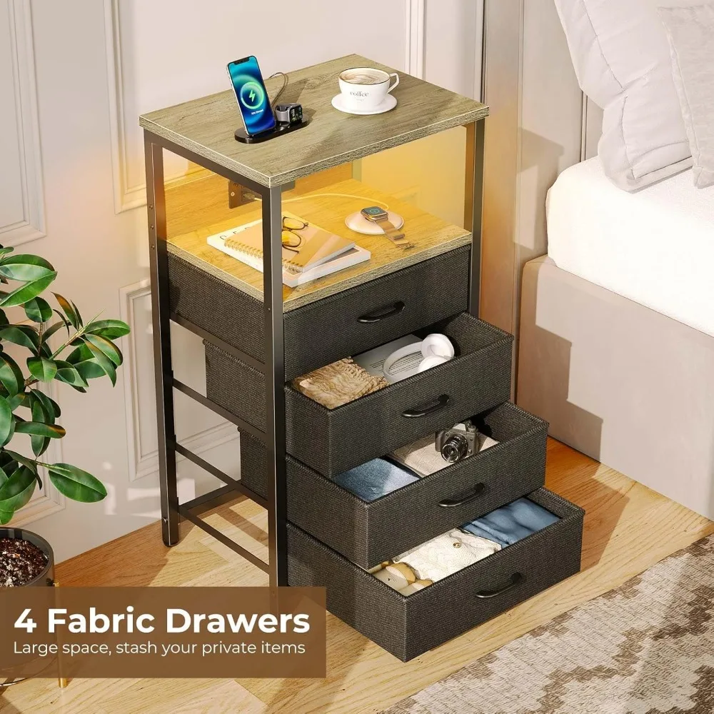 Nightstand with Charging Station, Bedside Table with LED Lights, Side Table with Fabric Drawers, Tier Storage Night Stand Table image 5