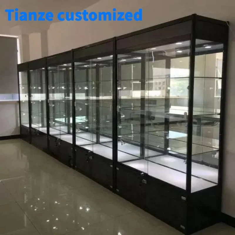 (customized)Aluminum Frame Display Cabinet LED Light Glass Display Show Adjustable Shelves Smoke Shop Accessories Glass Sho