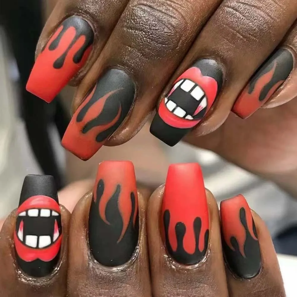 

24pcs Halloween Horror Style French Fake Nails Long Ballet Press On Nails Flame Pattern Frosted False Nails With Designs Coffin