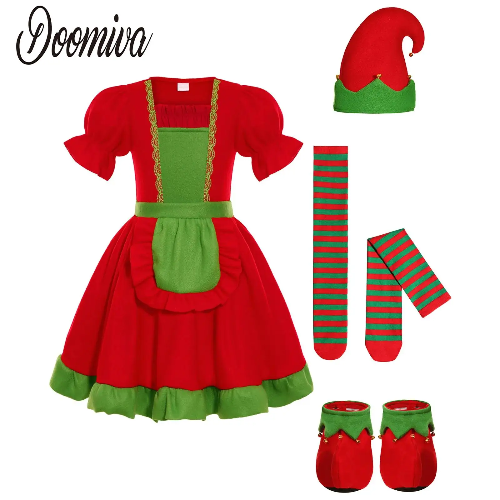 

Girls Christmas Elf Costume Outfit Fancy Dress Up Elf Set Puffy Sleeve Ruffled Dress with Waistbelt Xmas Hat Socking And Shoes