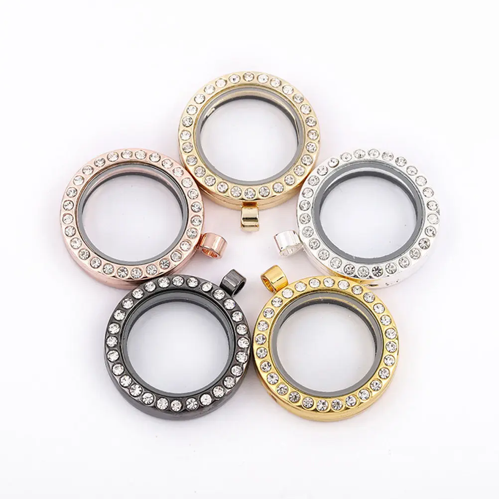4Pcs Round Alloy Photo Locket Pendant Bezel Trays with Rhinestone Decor for DIY Jewelry Making Custom Photo Necklace Charm Craft